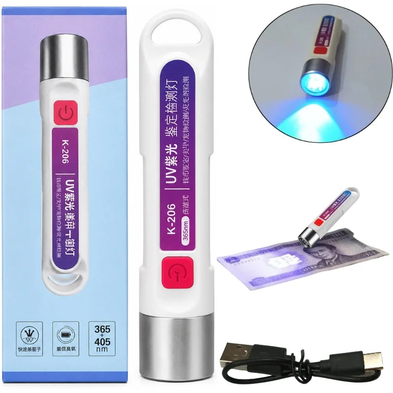 UV Currency Checker Rechargeable Light | K-206 365nm | Portable UV Torch for Banknote Security Features, Fluorescent Detection & Inspection
