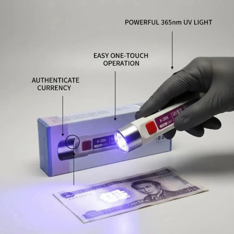 UV Currency Checker Rechargeable Light | K-206 365nm | Portable UV Torch for Banknote Security Features, Fluorescent Detection & Inspection