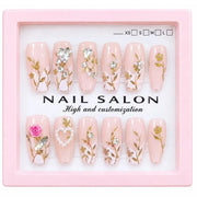 12 Pcs Press On Nails Set With Floral Design & Rhinestone Decoration | Reusable False Nails With Nail Prep Kit