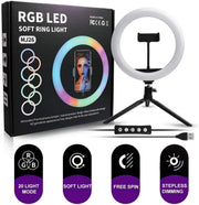 MJ26 RGB LED Ring Light 26cm with Tripod, Phone Holder & 360° Color Modes