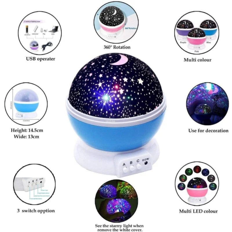 Star Master Projector Night Lamp | 360° Rotating LED Moon & Starry Sky Projector | USB & Battery Operated | Portable Night Light | Random Color
