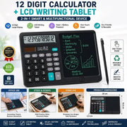 Functional Calculator with LCD Writing Tablet | Model DS-837X | 2-in-1 Digital Calculator & Reusable Notepad | Solar & Battery Powered | Stylus Pen